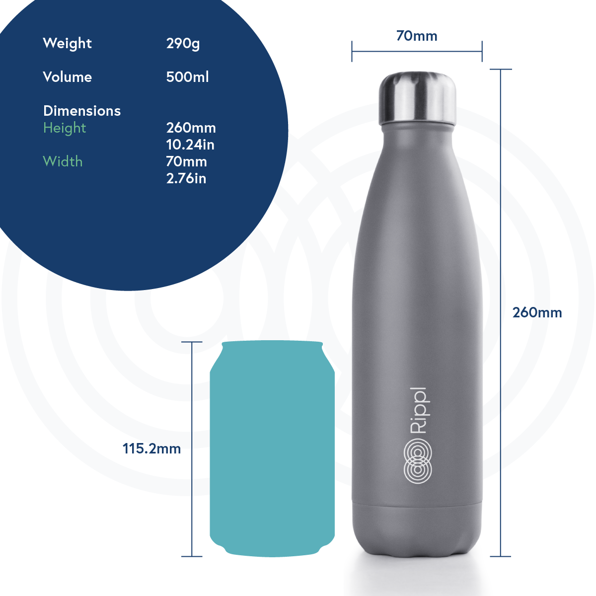 Rippl Stainless Steel Water Bottle 500ml Grey