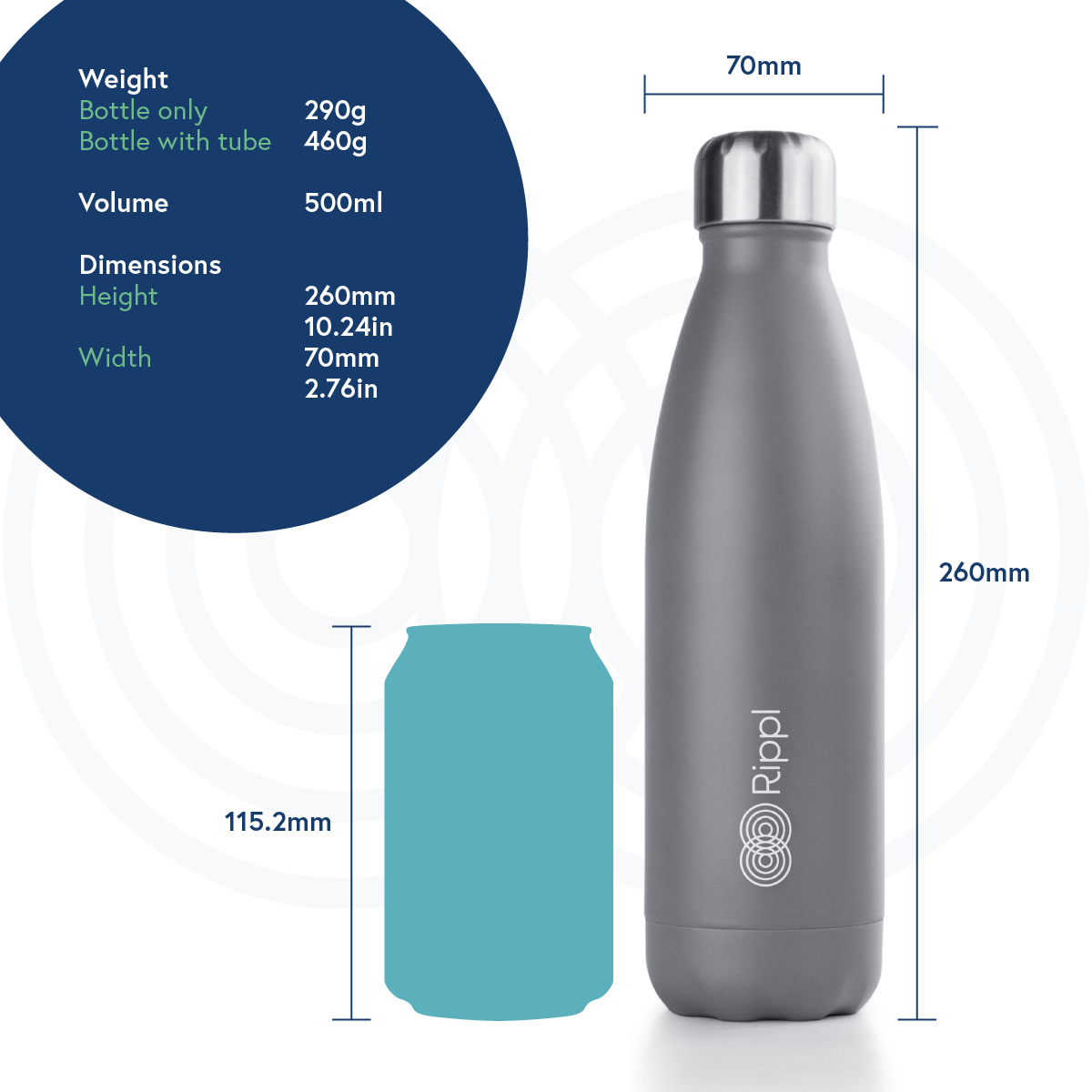 Dimensions of Rippl water bottle